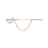 Antique 18k gold and platinum diamond sword pin with pearl accents and draped chains shown in detailed front view.