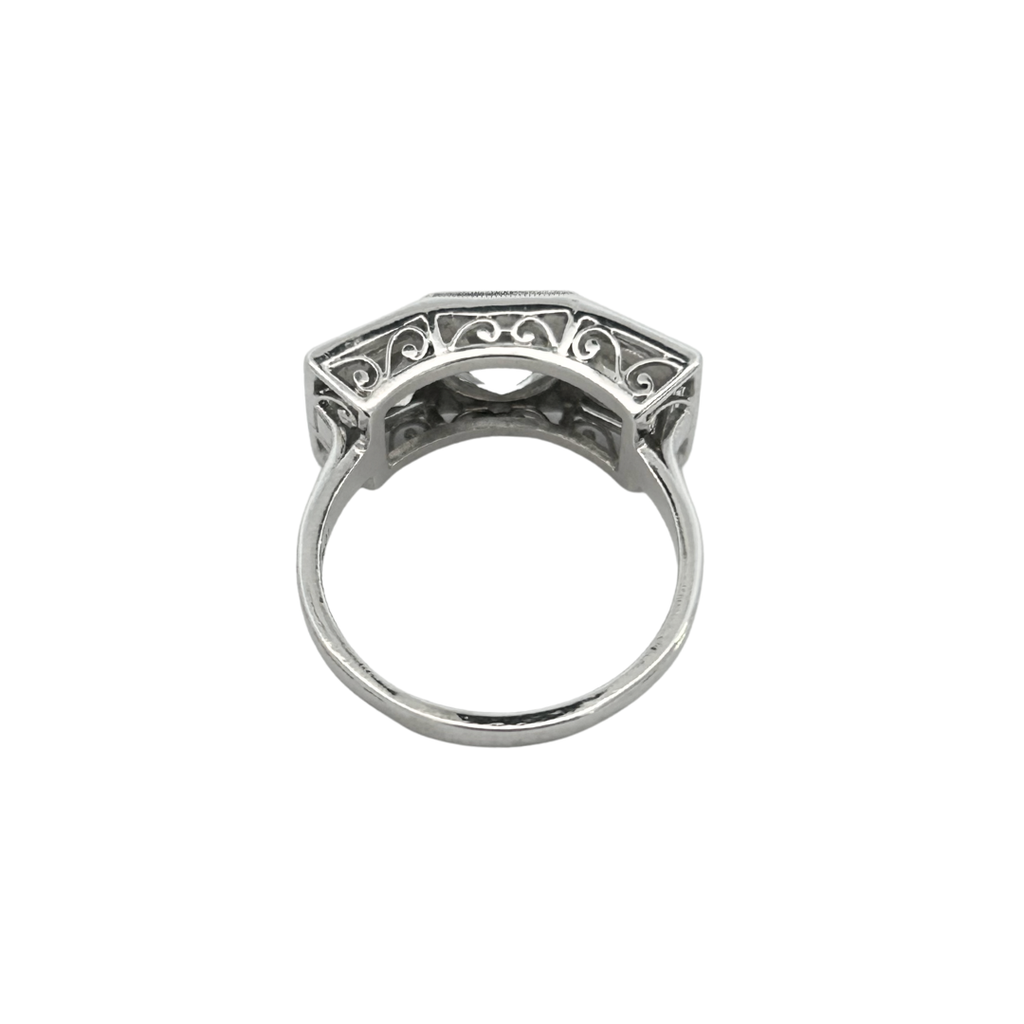 Underside view showing platinum scrollwork and structure of Art Deco diamond ring.
