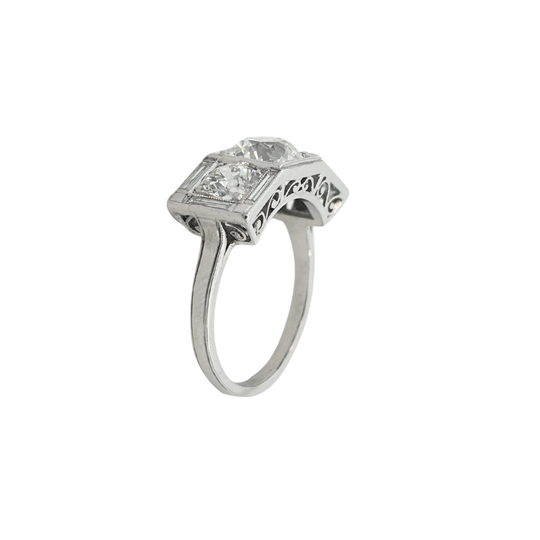 Art Deco Platinum Three-Stone Old European Cut Diamond Ring with Baguette Accents – 1.62ct Center