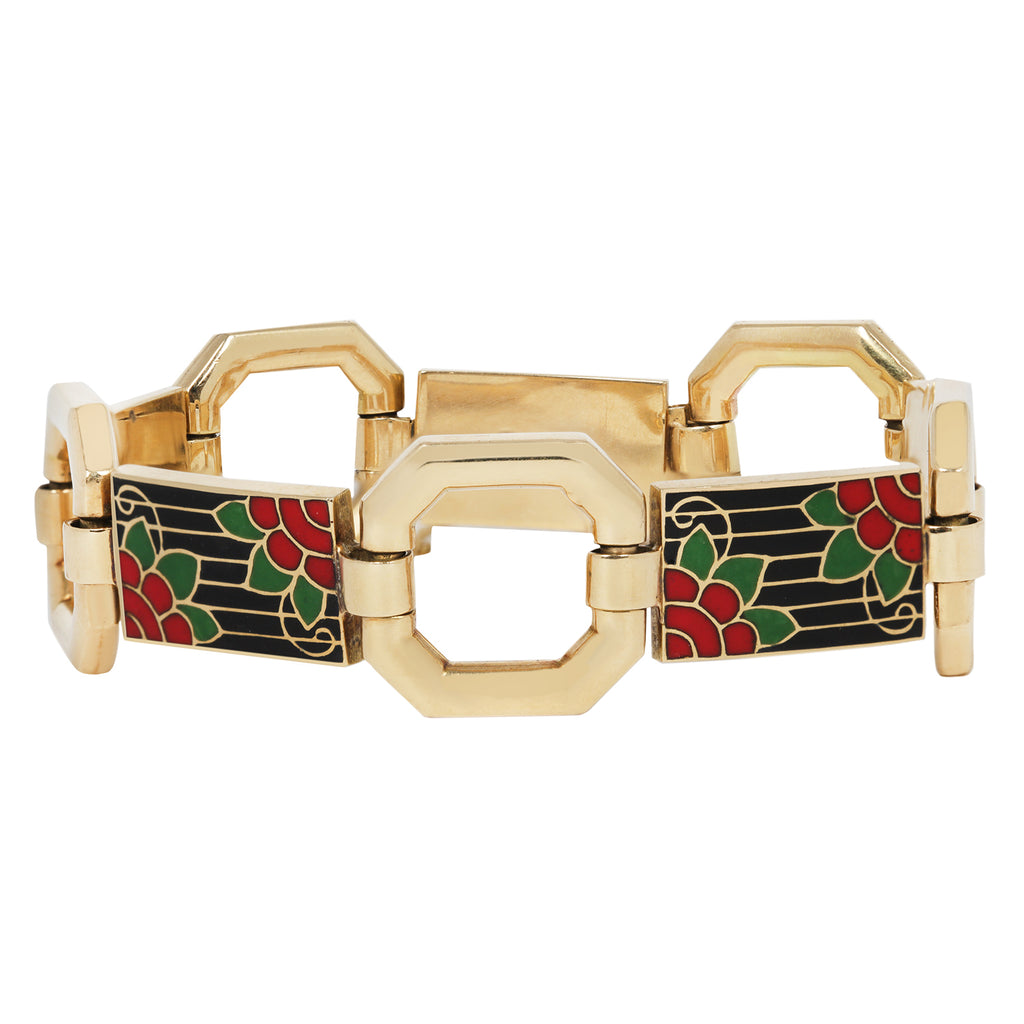 Vintage art deco gold large octagon and rectangular enameled red, green and black flower link bracelet. Concealed clasp.