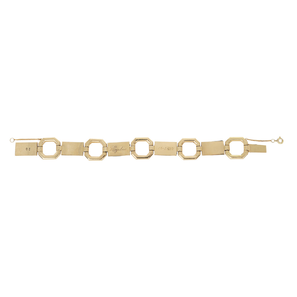 Vintage art deco gold large octagon and rectangular enameled red, green and black flower link bracelet. Concealed clasp. Back view with LYDIA 14-5-37 engraved.