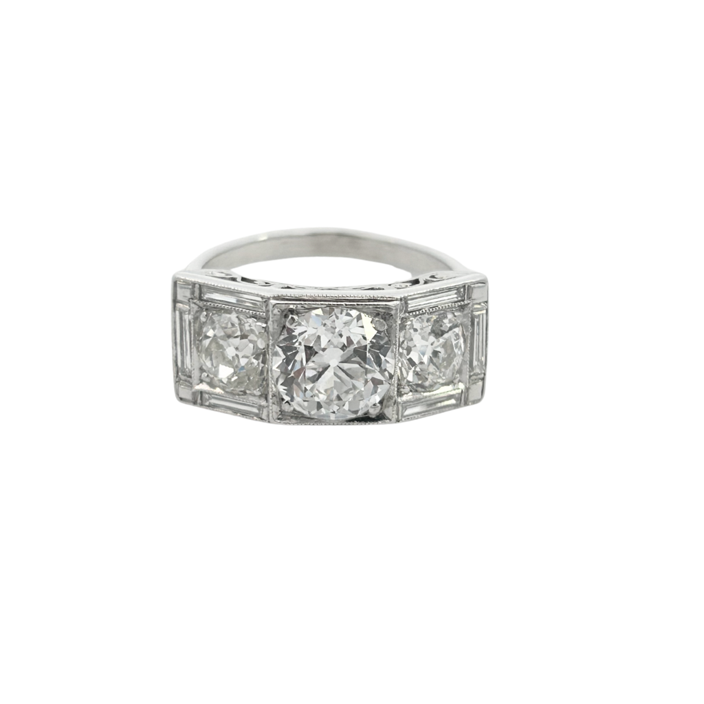 Front view of Art Deco ring featuring 1.62ct Old European Cut center diamond and baguette accents.
