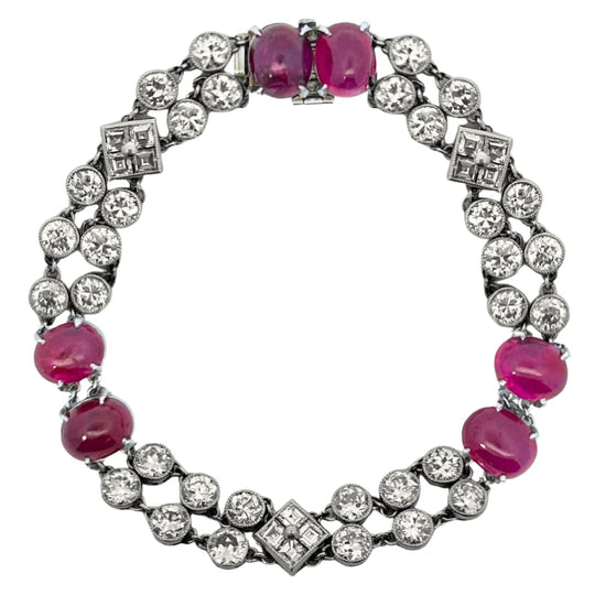 Art Deco Ruby Cabochon & Diamond Platinum Bracelet – 7.00" – Vintage Luxury Statement Piece