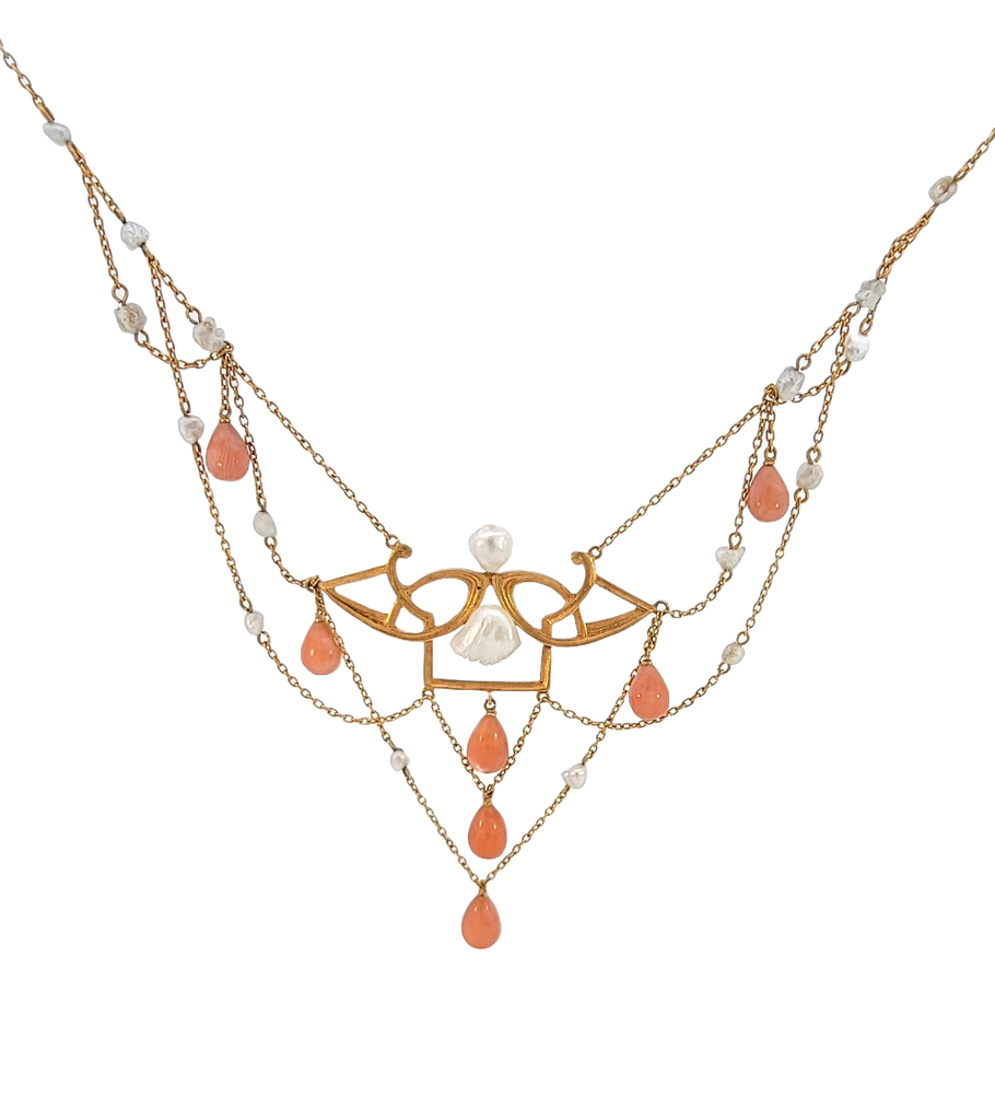 Art Nouveau Necklace Coral Drops Freshwater Pearls in 14k yellow gold