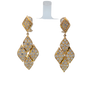 18K gold dangle earrings with 90 pave diamonds, articulated diamond shapes, 53 mm long, pierced ears.