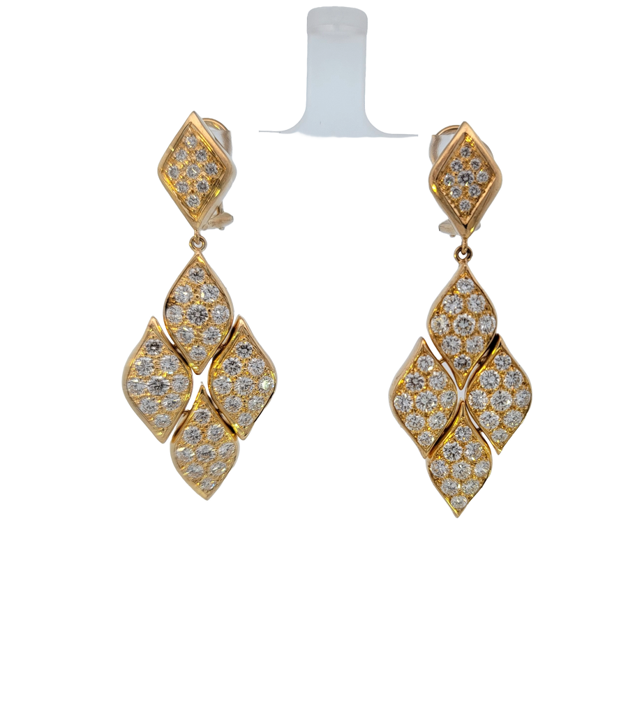 18K gold dangle earrings with 90 pave diamonds, articulated diamond shapes, 53 mm long, pierced ears.