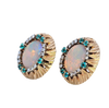 Pair of oval-shaped white opal earrings framed by diamonds and alternating Paraiba Tourmalines in a rounded carved leaf gold frame. Side View