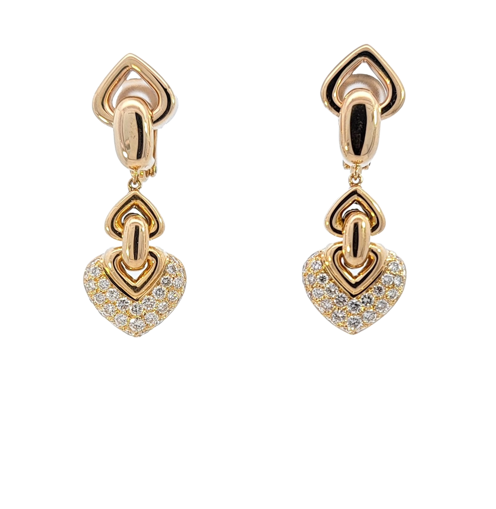 Bvlgari Doppio Cuore earrings, 18K gold, heart-shaped design with pave diamonds, 43mm drop, pierced.