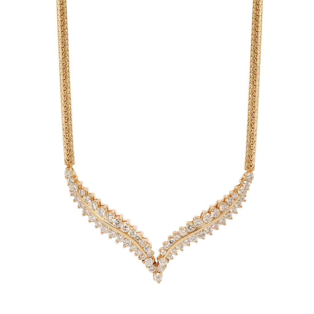 Wide braided gold and diamond v-shaped necklace with two rows of diamond in graduated v-shape