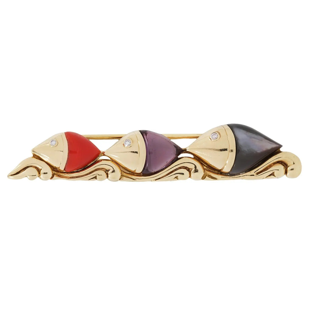 Bvlgari Naturalia 18K gold fish brooch with coral, amethyst, mother of pearl, and diamond accents