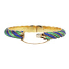 Cartier Guilloche blue and green enameled bangle gold bracelet with concealed clasp and safety chain. Back view showing clasp.