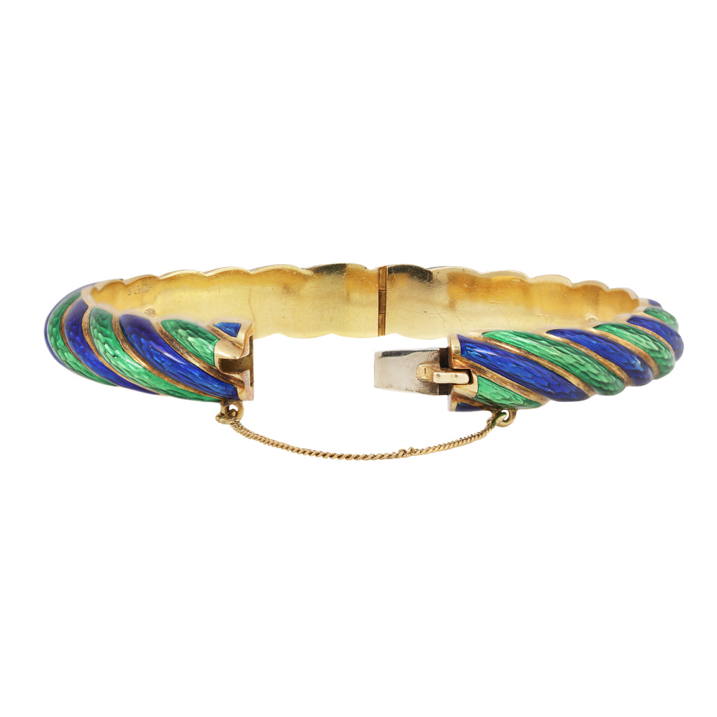 Cartier Guilloche blue and green enameled bangle gold bracelet with concealed clasp and safety chain. Back view showing clasp.