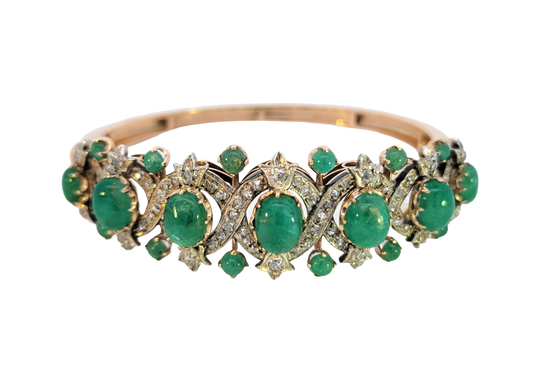 Vintage Italian Emerald and Diamond Hinged Bangle Bracelet