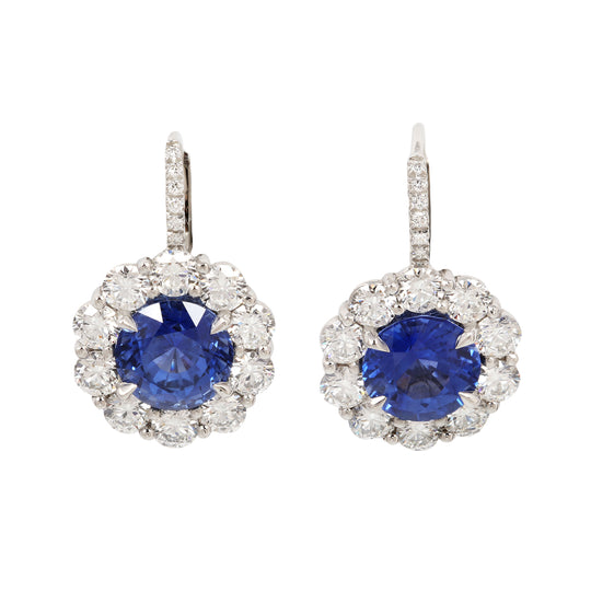 Round Sapphire and Diamond Halo Drop Earrings