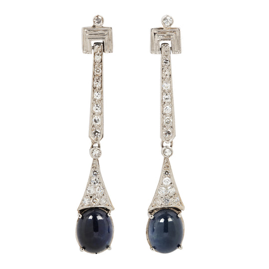 Art Deco Inspired Diamond and Sapphire Cabochon Dangle Earrings