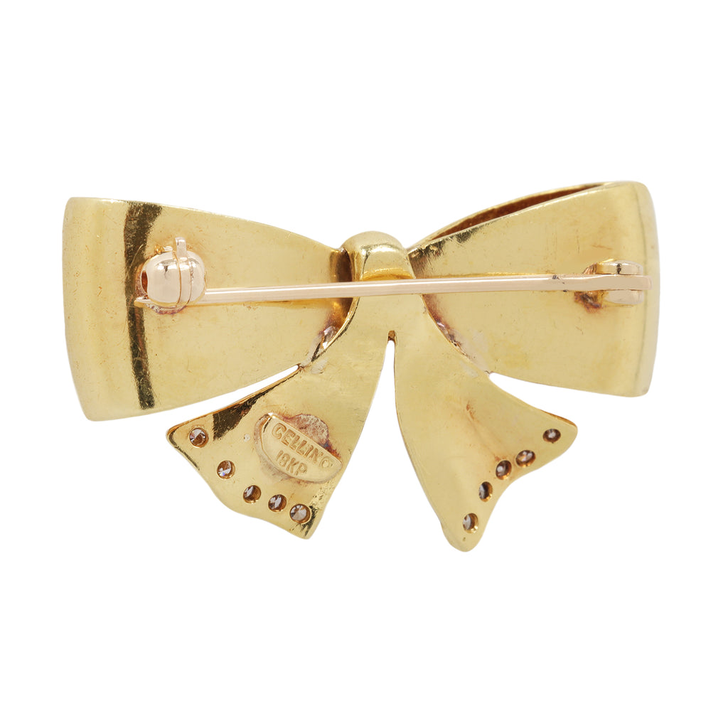 Ribbed gold diamond bow pin by Cellino, back view with stamp