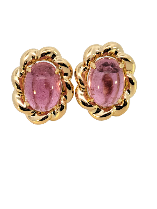 Pink Tourmaline Cabochon and Twisted Gold Frame Earrings by Gump's