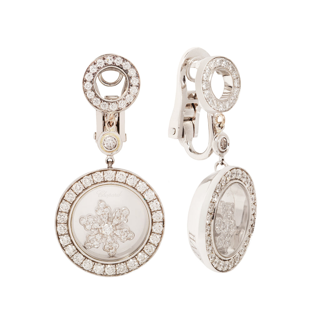 Chopard Happy Snowflake earrings, 18K white gold, diamond drops with moving snowflake, 34.8mm long. Side view