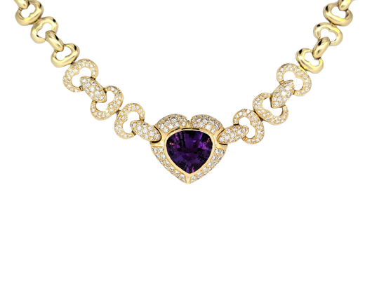 Chunky Amethyst Heart and Diamond Gold Necklace