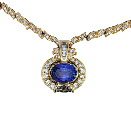 Vintage Tanzanite and Diamond Large Gold Necklace
