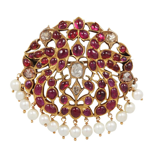 Twin Peacock Indian Ruby, Pearl and Rose-cut Diamond Brooch