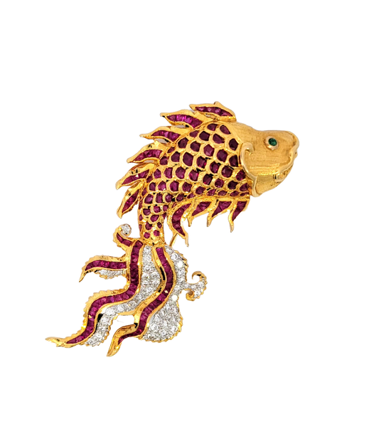Carp Brooch with Rubies and Diamonds