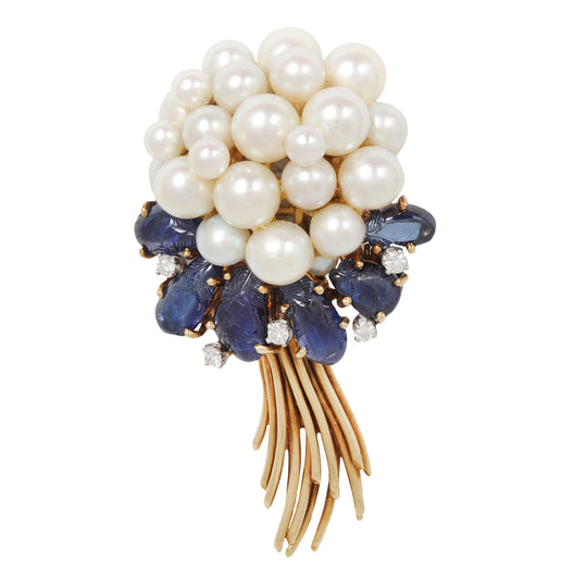 Pearl and Sapphire Bouquet Cluster Brooch