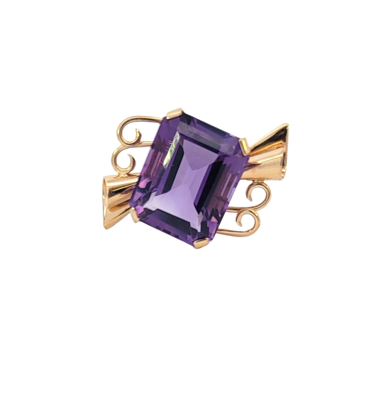 Midcentury Retro Gold Amethyst Angled Scroll Motif Brooch