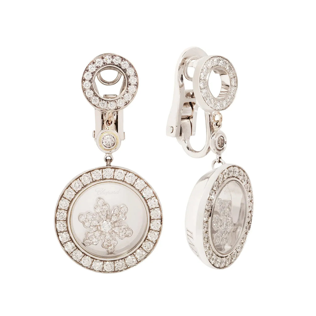 Chopard Happy Snowflake diamond drop earrings in white gold front and side view