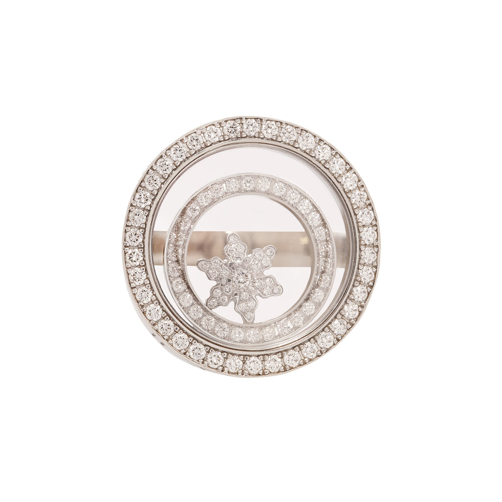 Chopard Happy Spirit ring in 18K white gold with floating diamond snowflake and diamond concentric circles.

