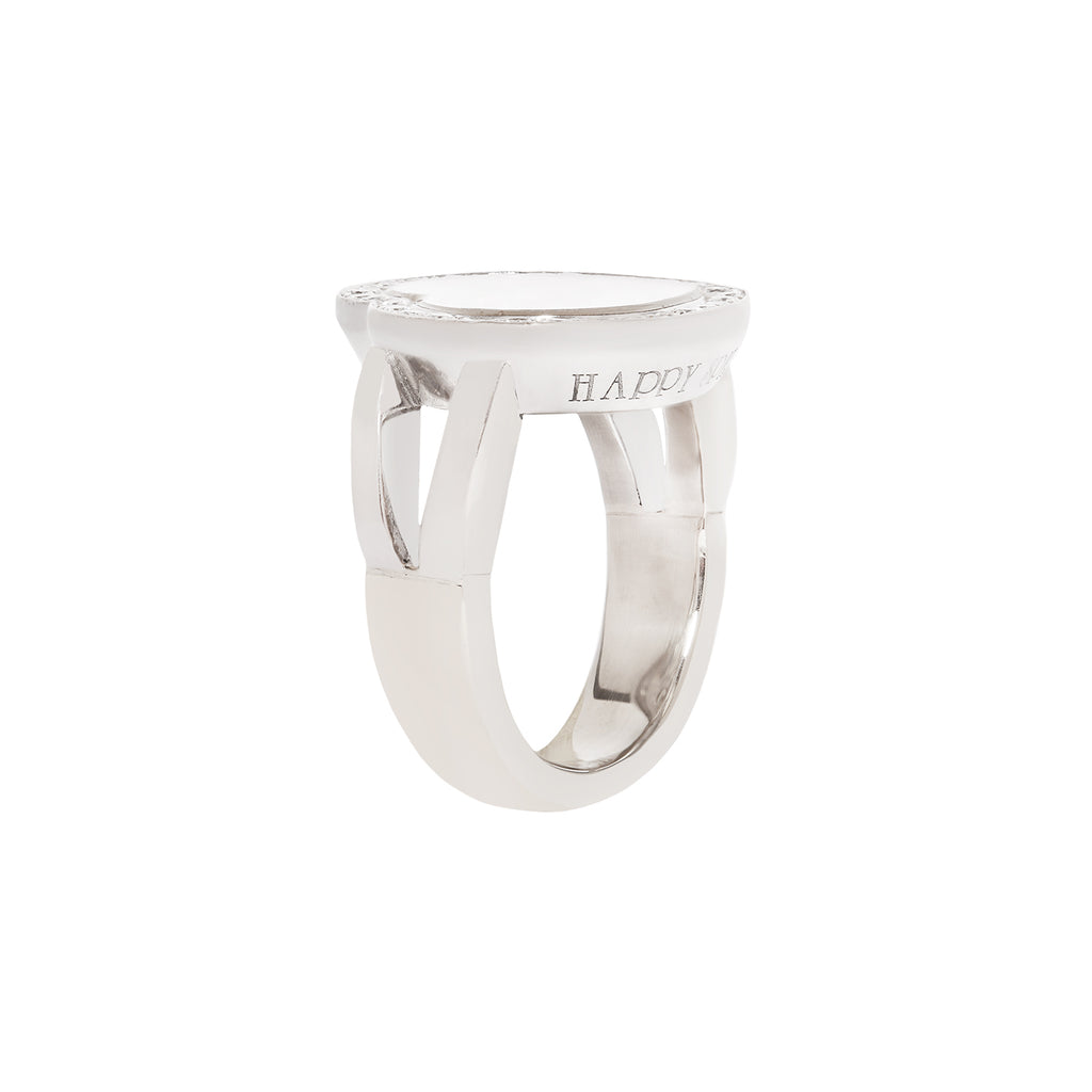 Chopard Happy Spirit heart-shaped ring in 18K white gold with floating diamond and diamond pavé concentric hearts. Profile View