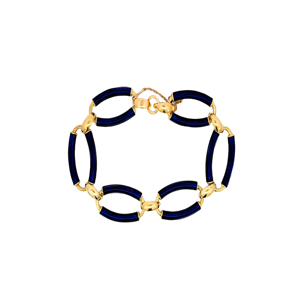 Yellow gold bracelet with cobalt blue enamel on the large, elongated oval links.