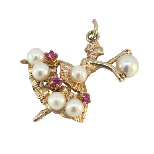 14K Yellow Gold Cultured Pearl and Ruby Ballerina Pendant