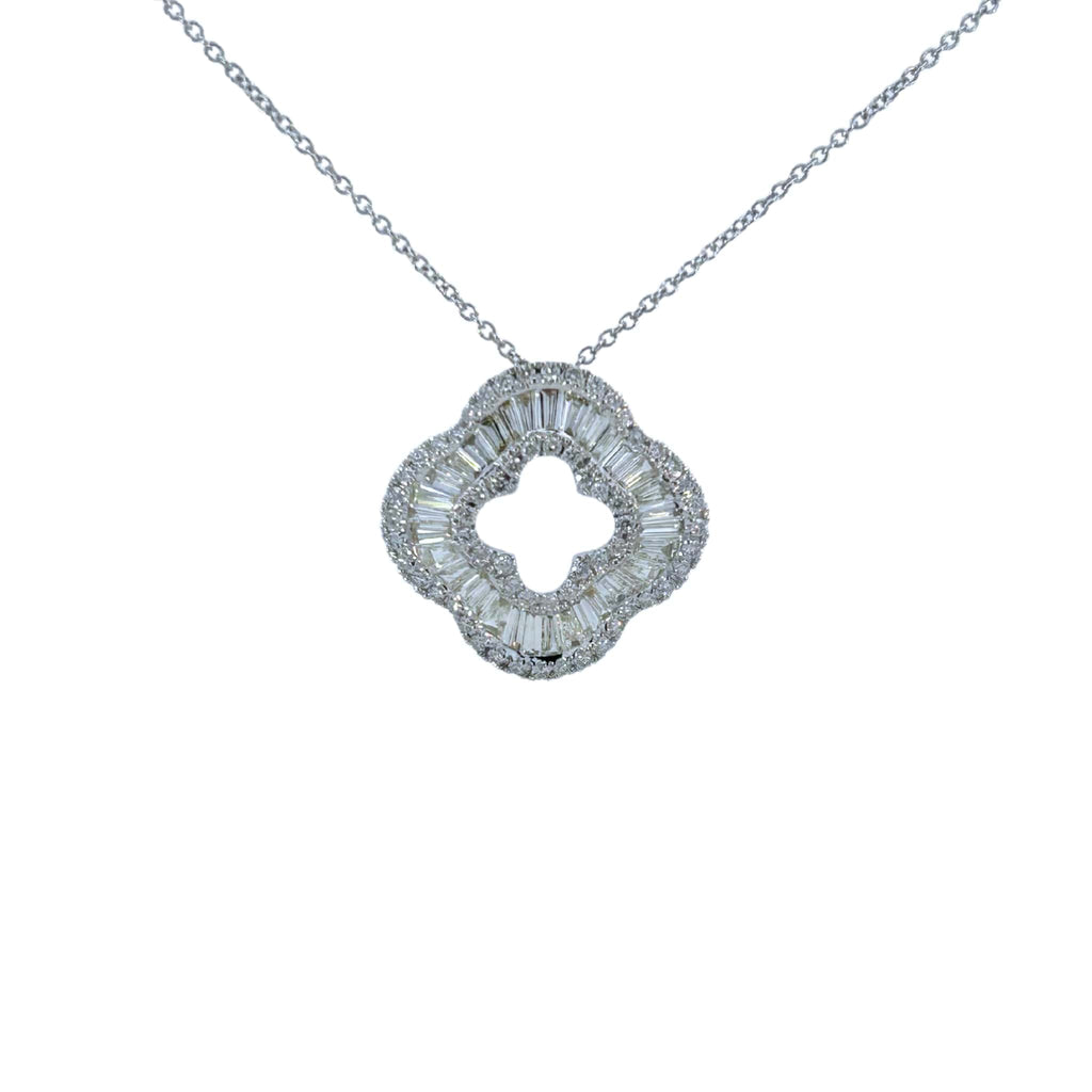 14K white gold open cushion diamond pendant necklace with baguette and full cut gemstones