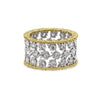 Buccellati Eternelle Band Ring in 18k white and yellow gold with intricate lace-like engraving and 48 round brilliant-cut diamonds, totaling 1.04 carats. Side View.