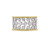 Buccellati Eternelle Band Ring in 18k white and yellow gold with intricate lace-like engraving and 48 round brilliant-cut diamonds, totaling 1.04 carats. Side View.