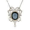 Front view of Edwardian 12.0 carat natural no-heat blue spinel and diamond bow pendant necklace