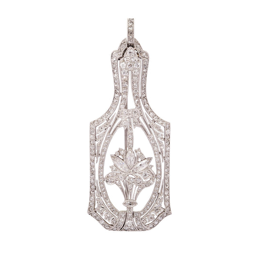 Edwardian Diamond Flower Basket Pendant / Pin in Platinum