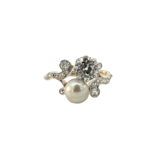 Edwardian Twin-Style Old European Cut Diamond & Pearl Ring – Platinum Over Gold – Antique Swirl Design