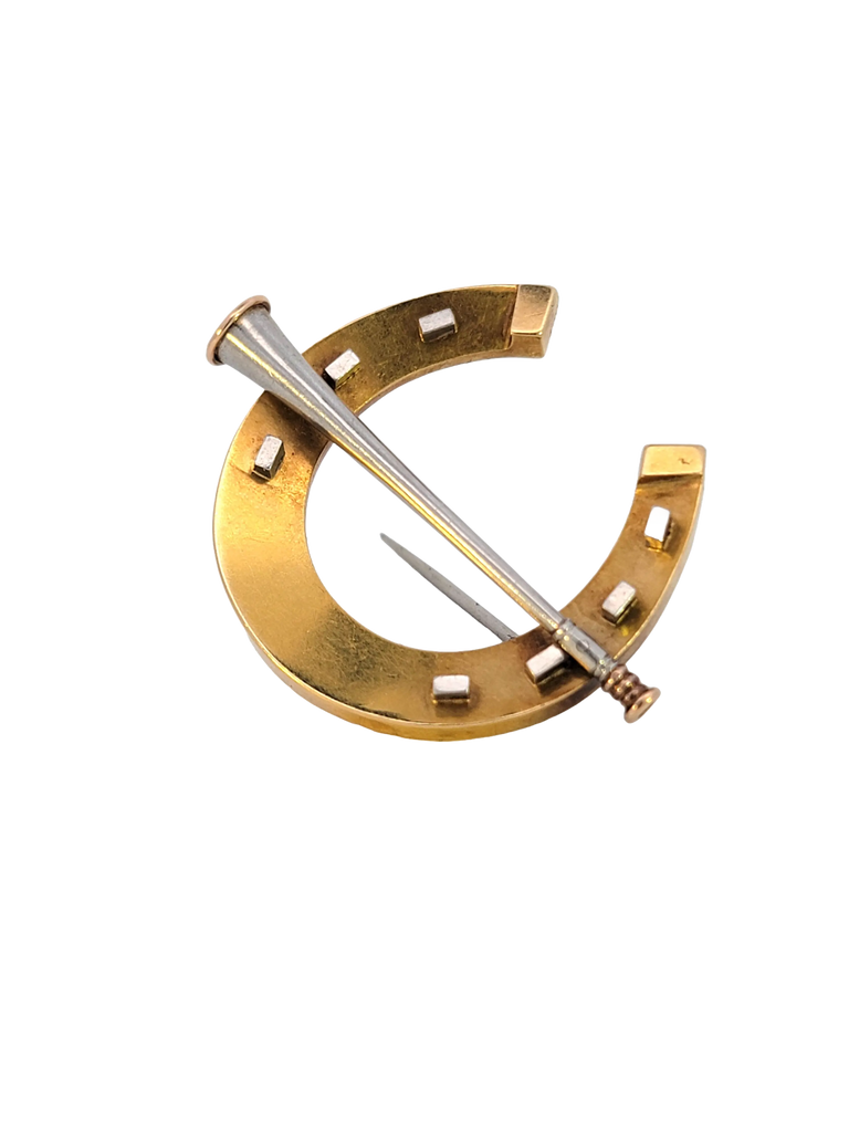 18K yellow gold and platinum equestrian horseshoe and riding horn pin