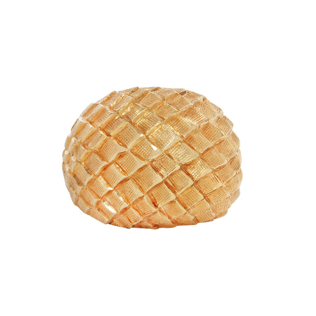 Estate 18K gold domed ring with intricate basketweave texture. Bold, elegant statement piece, 15mm at the top. Top View