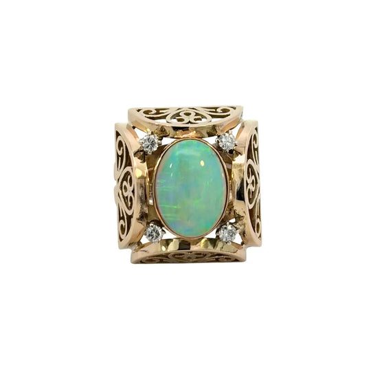 Estate Opal Diamond Ring 14K Yellow Gold 2.43 CT Oval Opal