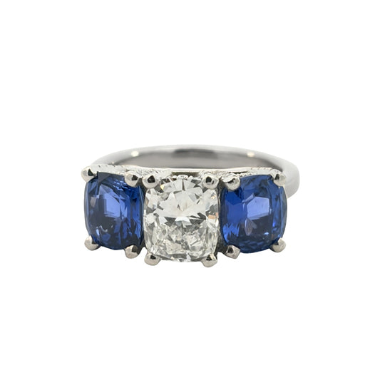 GIA 2.02 Carat Cushion-Cut Diamond & Sapphire Platinum Ring