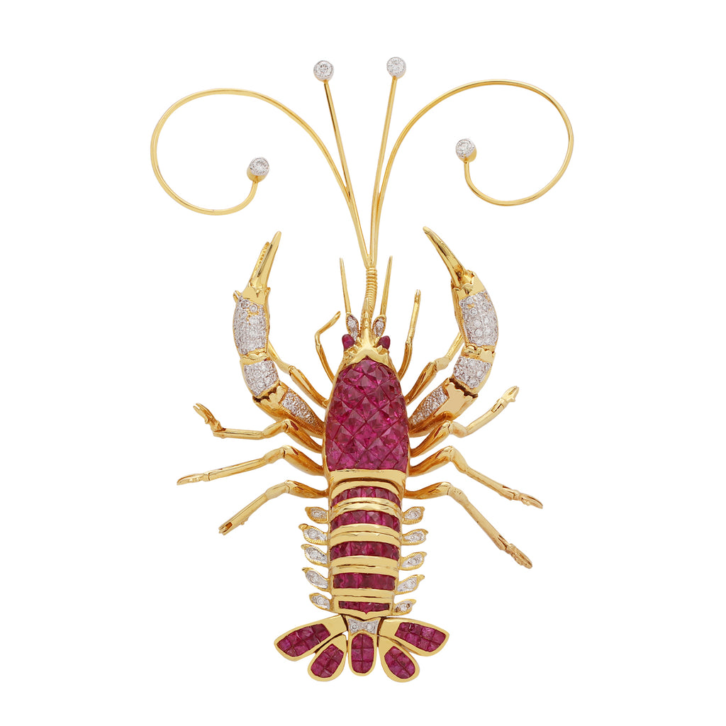 Le Vian articulated gold lobster brooch with invisible set pink sapphires and diamonds. 