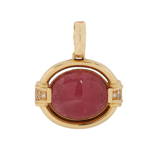 GUMP'S Rose Quartz Cabochon Gold Frame and Diamond Pendant