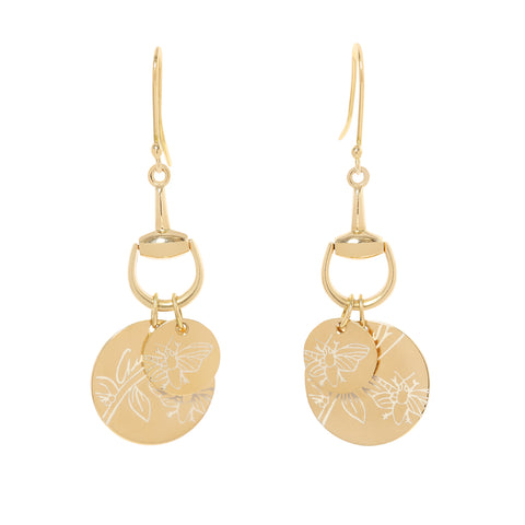 Gucci 18K gold drop earrings with bee motifs, white enamel inlay, horsebit detail, and shepherd’s hook closure.