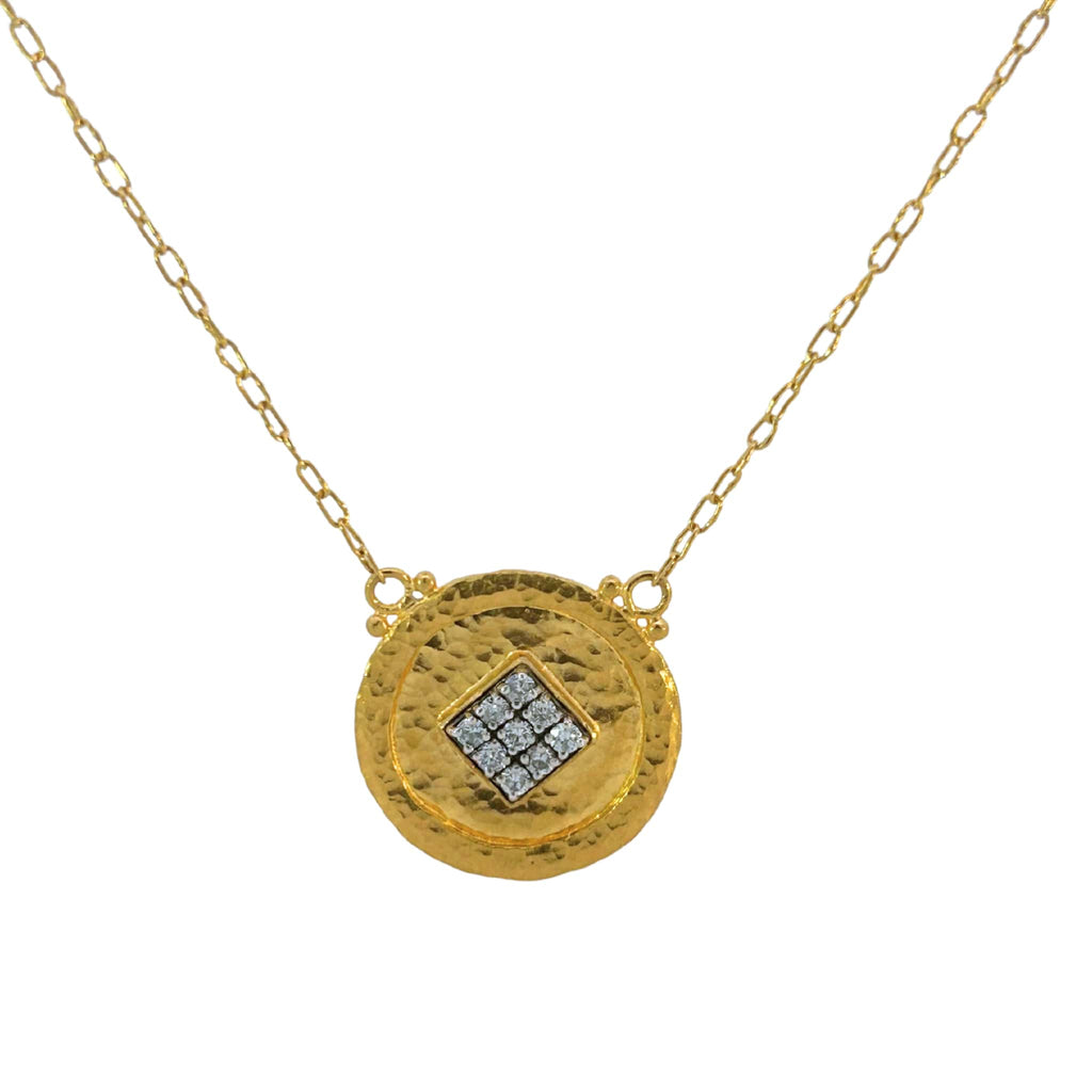 Gurhan 22K yellow gold hammered disc pendant necklace with diamond square center