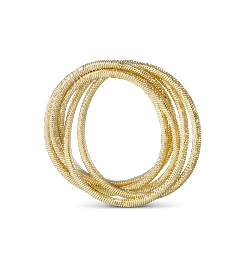 Buccellati Hawaii Five Rolling Bands Gold Ring in 18k yellow gold featuring interlocking rolling bands that showcase exquisite Italian craftsmanship and modern elegance. Profile View.