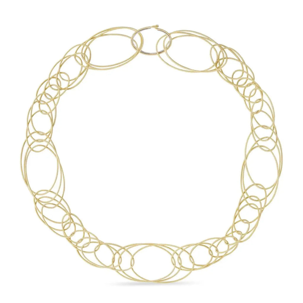 Buccellati Hawaii Oval Link Gold Necklace in luminous gold featuring interlocking oval links, a concealed clasp, and a 23-inch chain that showcases exquisite Italian craftsmanship and modern luxury.