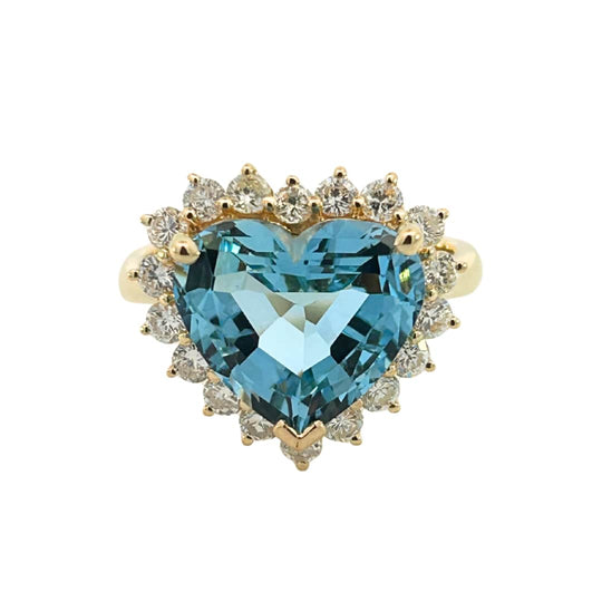 18K Yellow Gold Heart-Shaped Aquamarine and Diamond Ring